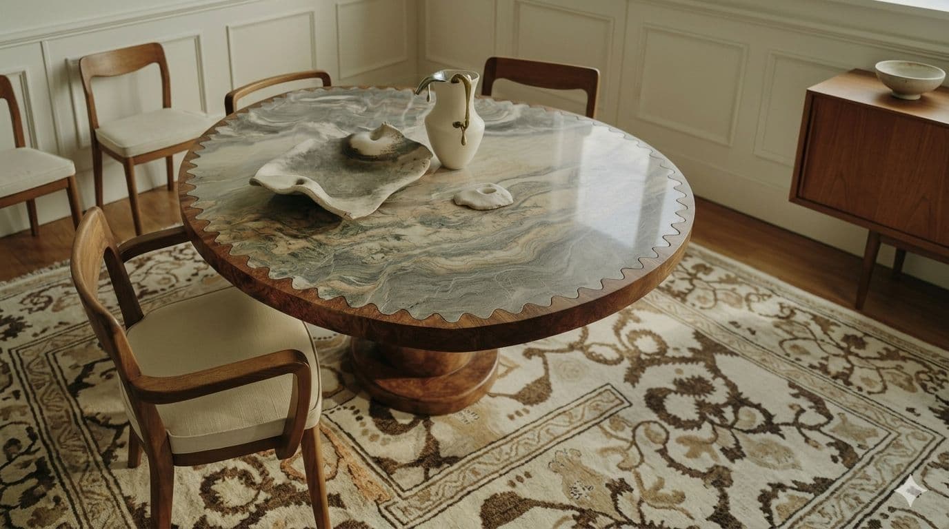 A round dining table with a scalloped solid-wood edge and a sculptural marble top, surrounded by walnut chairs.