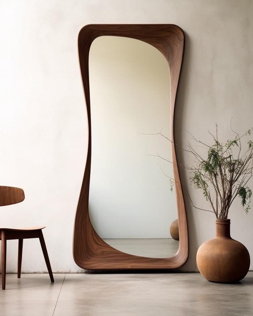CURVA full-length wooden mirror by rasahaus styled in a warm contemporary interior.