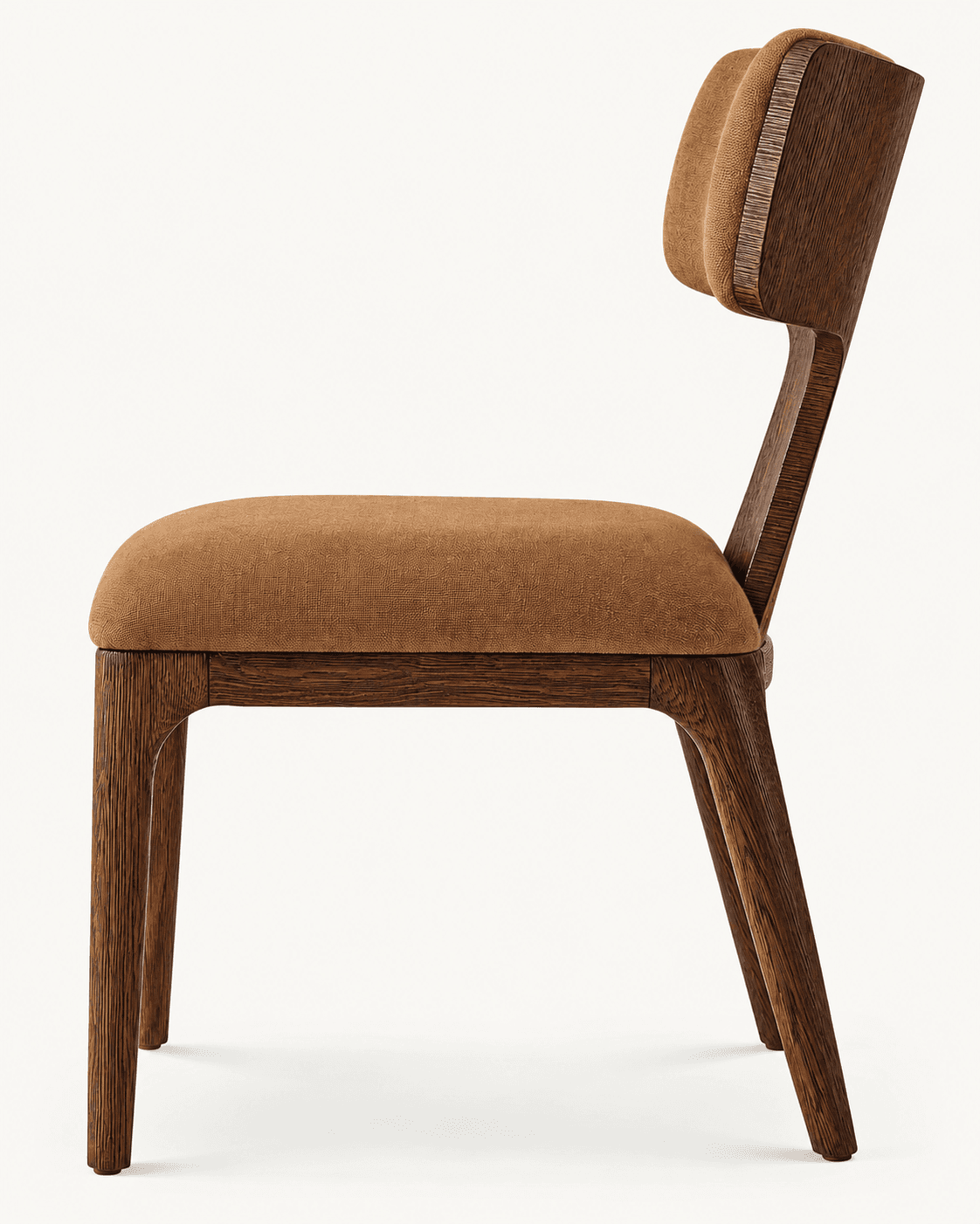 ARCO premium wooden dining chair with curved timber back, brown upholstered seat and tapered walnut-finish legs.