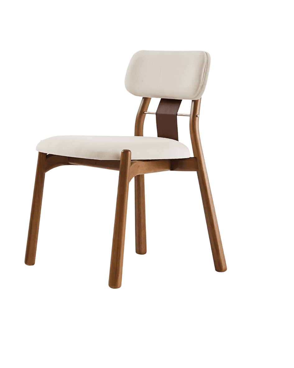 LINA premium wooden dining chair with curved wooden frame, upholstered cream seat and back, and natural walnut finish.