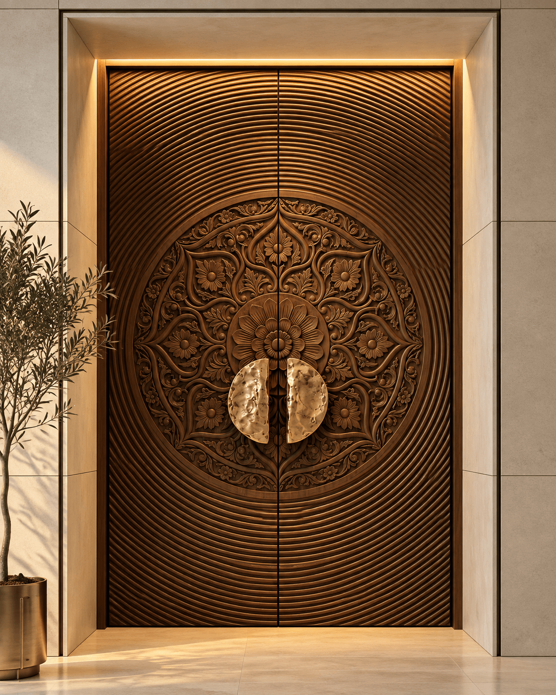 MANDALA luxury carved wooden double main door with concentric wave detailing, ornate floral medallion and gold-finish handles installed at a premium entrance.