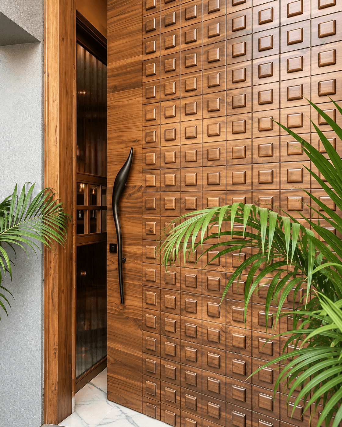 Modular Square Relief Main Door installed at a premium residential entrance, featuring repeated raised square wood motifs, a warm natural wood finish and a sculptural black vertical handle.