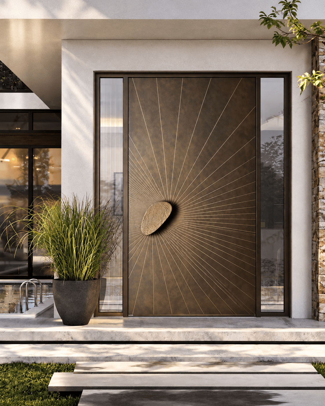 Radiant Linear Statement Main Door by rasahaus displayed at a modern luxury home entrance with radial linear detailing and sculptural central accent.