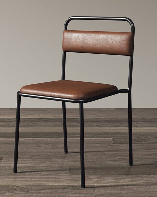 ARLO modern dining chair with black metal frame and tan-brown leatherette seat and backrest in an interior setting.