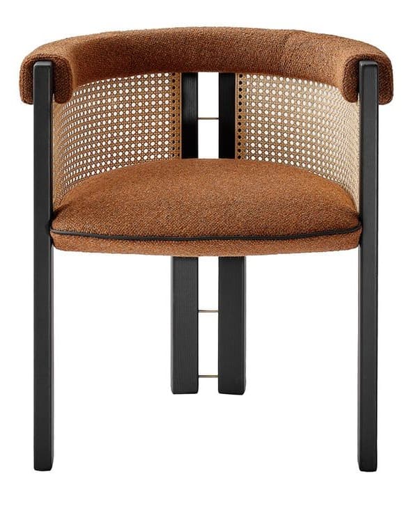 MIRA premium dining armchair with a dark wooden frame, natural cane backrest and brown upholstered seat.