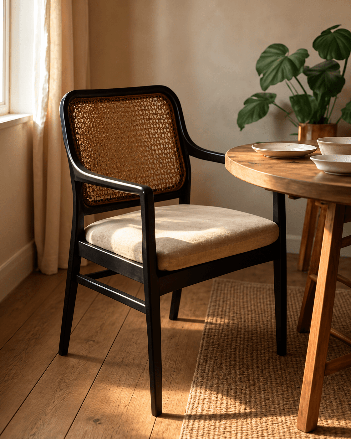 SOLÈNE premium cane dining armchair styled beside a dining table, featuring a dark timber frame and beige upholstered seat.