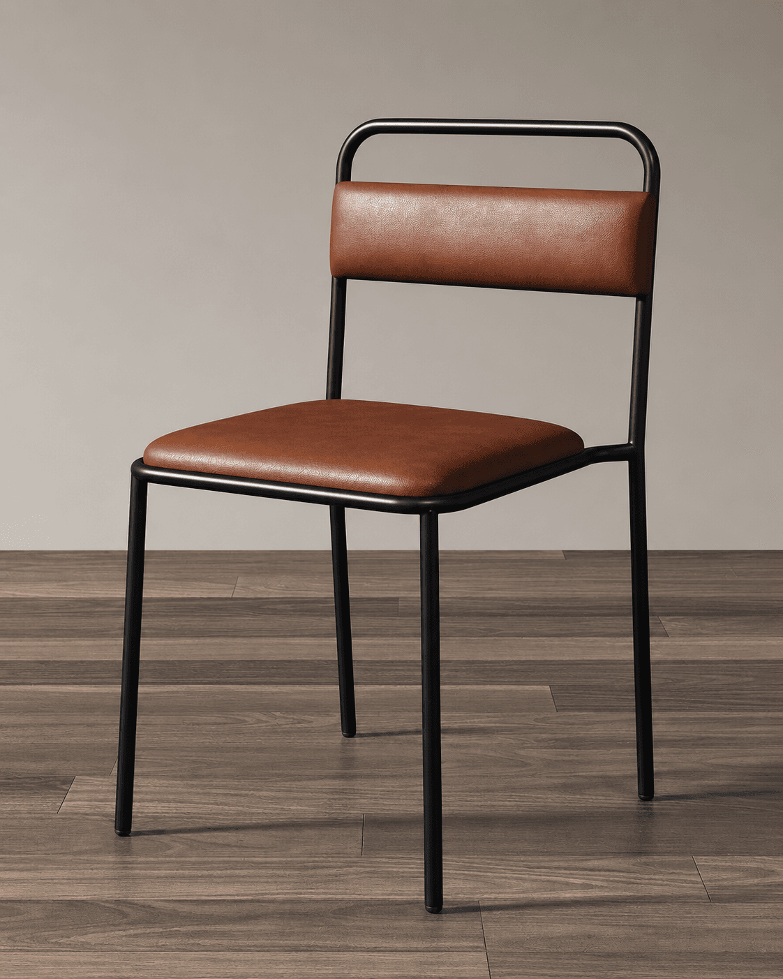 ARLO modern dining chair with black metal frame and tan-brown leatherette seat and backrest in an interior setting.